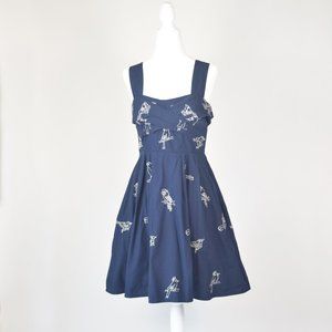 Eshakti Navy Blue Flattering Fun Dress w/ Embroidered White Birds, Size Small S